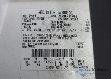 2004 Ford F-150 Lariat/Xlt z USA, uszkodzony, nr VIN 1FTPW12584FA47758